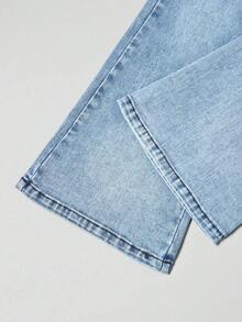 Explorewe Jeans de mezclilla estilo Y2K versátiles lavados y desgastados con pierna acampanada y elásticos para niñas adolescentes - Azul lavado medio 3 - Ver 6