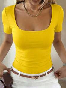 Camiseta de manga corta de unicolor casual para mujer, verano - Amarillo - Ver 1
