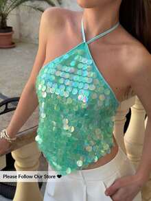 Top halter con espalda descubierta y lentejuelas sexy para mujer, ideal para verano, vacaciones en la playa, estilo bohemio, tropical, conciertos, festivales, country, Ibiza, Nashville, estilo occidental, boho, streetwear, gyaru - Verde 2 - Ver 5
