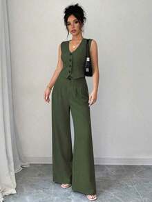 Conjunto de top tipo camisola y pantalones plisados de color liso, estilo francés para primavera/verano, para uso casual, streetwear u oficina - Verde militar - Ver 3