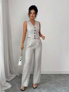 Unity Conjunto de top sin mangas con botones frontales a rayas y pantalones largos para mujer - Caqui - Ver 7