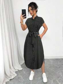 Vestido largo de manga corta para verano 2025, nuevo, con bolsillo, abertura lateral, cinturón y lazo, estampado de leopardo, para uso casual y de viaje - Negro - Ver 8