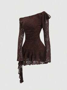 Sweetro Vestido asimétrico con hombro y bajo asimétricos, con encaje, estilo Y2K sexy - Cafetería - Ver 1