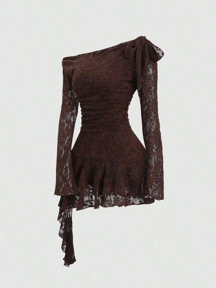 Sweetro Vestido asimétrico con hombro y bajo asimétricos, con encaje, estilo Y2K sexy - Cafetería - Ver 1