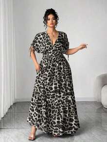 Elenzya Vestido maxi elegante de talla grande para mujer con cuello en V, estampado de leopardo, manga corta fruncida y falda acampanada - Gris - Ver 4