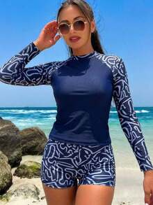 Conjunto de traje de baño de dos piezas con estampado de manga larga para vacaciones de verano en la playa - Multicolor - Ver 3