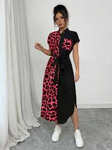 Vestido largo de manga corta para verano 2025, nuevo, con bolsillo, abertura lateral, cinturón y lazo, estampado de leopardo, para uso casual y de viaje - Rojo 2 - Ver 7