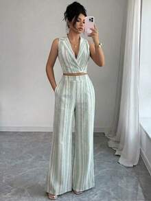 Nuevo conjunto de 2 piezas de primavera/verano con top sin mangas de lino texturizado a rayas azul y blanco, y pantalones casuales acampanados con bolsillos duales, elegante estilo casual - Verde - Ver 3
