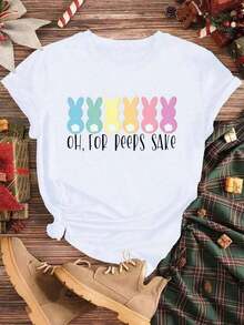Cute Easter T-Shirt, Easter Family T-Shirt, Soft, Breathable And Comfortable Cotton T-Shirt With Round Neck, Easter Gift, Casual T-Shirt. - 白色 - 查看 1