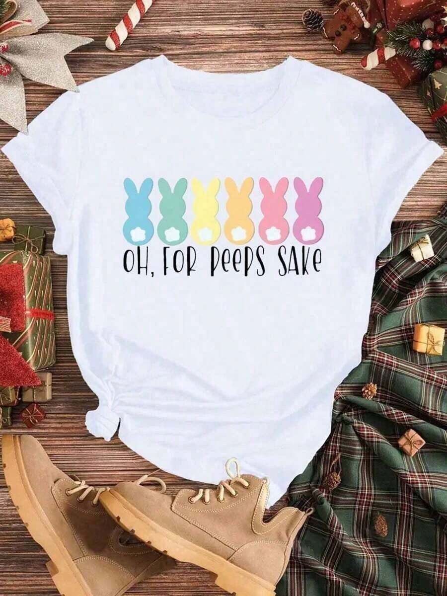 Cute Easter T-Shirt, Easter Family T-Shirt, Soft, Breathable And Comfortable Cotton T-Shirt With Round Neck, Easter Gift, Casual T-Shirt. - 白色 - 查看 1