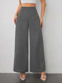 Pantalones de pierna ancha de textura de cintura alta, de estilo casual y sencillo, apropiados para ir a la escuela o para ir y venir al trabajo - Gris Oscuro - Ver 9