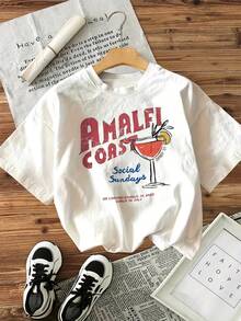 Camiseta con estampado gráfico, de manga corta y cuello redondo, top casual para verano y primavera, ropa de mujer - Blanco - Ver 3