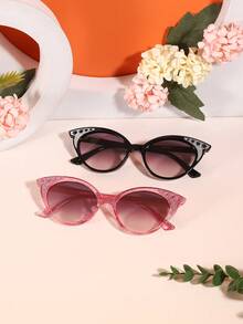 2 PCS Boy's And Girl's 4-9Y Retro Fun Cat Eye Fashion Glasses With Glitter Solid Color Polycarbonate Frame Soft Tinted Lenses Lightweight Suitable For Vacation Parties With Glasses Box - Multicolor - View 7