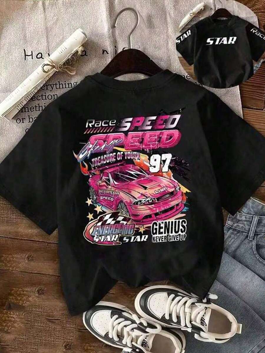 Mujer Camiseta de manga corta con estampado térmico de coche de carreras retro en tonos rosa y negro, diseño de coche y llamas americano, estilo moderno casual - Negro - Ver 1