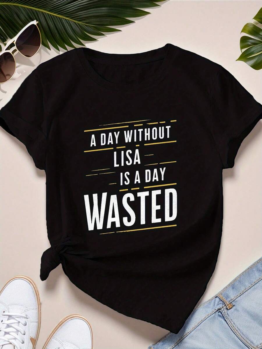 Camiseta Casual de Verano para Mujer Lisa WASTED, Camiseta Deportiva de Manga Corta de Talla Grande para Mujer, Camiseta Elegante y a la Moda - Negro - Ver 1