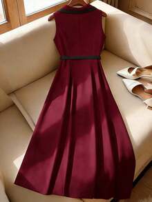 Vestido midi ajustado con botones, cintura ceñida, cuello de solapa, elegante y vintage, en color albaricoque/negro, de tela de calidad, adecuado para primavera/verano y uso diario - Multicolor 3 - Ver 9