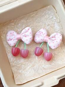 4pcs/2pcs Vintage Velvet Bow Cherry Hair Clips, Cute Side Clips For Girls - Multicolor - View 4