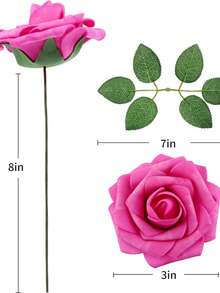50 flores + 2 hojas Rosas artificiales de espuma blanca con tallos, aspecto realista para ramos de boda DIY, centros de mesa para despedida de soltera, arreglos florales, decoraciones de mesa para fiestas, decoración del hogar, regalos, cumpleaños, graduaciones, etc. - Rosa Fucsia - Ver 4