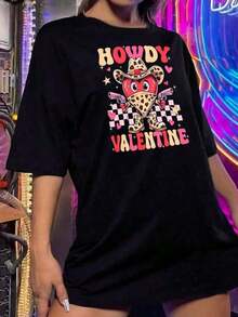 Women's Cotton T-Shirts Women's Cotton T-Shirts Howdy Valentine Women's T-Shirt - Cute Denim T-Shirt With Heart And Gun, Retro Style, Gift For Western Lovers, Unisex, For Valentine's Day Parties, Short Sleeve - 黑色 - 查看 2