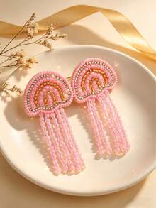 1 Pair Summer Limited Edition Pink Jellyfish Beaded Earrings, Handmade With Rhinestone Accents And Tassels, Fashionable Niche Accessory For Women, Suitable For Beach Parties, Summer Vacations, Daily Wear, Dates, Music Festivals - Multicolor - View 2