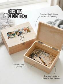 1pc Custom Photo Wooden Memory Box, Personalized Name & Date Keepsake Storage Box, Memorial Gift With Secure Clasp, Triple Photo Memory Wooden Box, Memories Of You Box, Father's Day/Family/Wedding Case - Multicolor - View 1