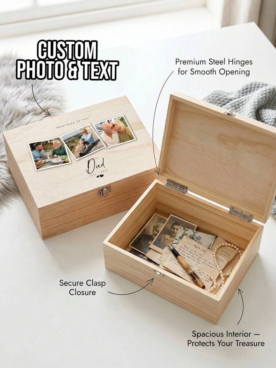 1pc Custom Photo Wooden Memory Box, Personalized Name & Date Keepsake Storage Box, Memorial Gift With Secure Clasp, Triple Photo Memory Wooden Box, Memories Of You Box, Father's Day/Family/Wedding Case - Multicolor - View 1