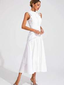 Vestido largo elegante 2026, cuello redondo sin mangas, con encaje, estilo casual y fiesta - Blanco - Ver 2