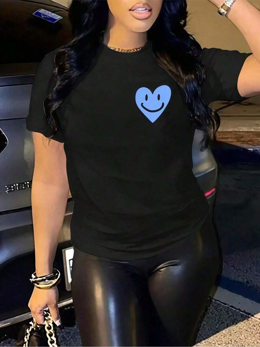1 pieza Camiseta negra con estampado de corazón sonriente para mujer, camisas, top blanco, camisetas gráficas para mujer, camiseta unisex de cuello redondo casual, tejido de punto ligero de 220 g/m², lavable a máquina, para primavera/verano/otoño, Día de San Valentín, Día de la Madre, Día Nacional - Negro - Ver 1