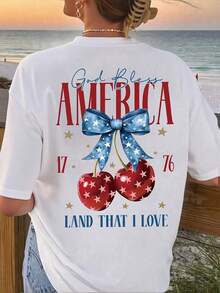 Women's Graphic Tees 2026 - Patriotic Cherry And Bow Graphic Tee In Red, White, And Blue - Loose Fit Casual Top For 4th Of July, Memorial Day - Breathable American Party Wear, American Flag Accessories, Summer Clothes, 100% Cotton Comfort Fit T-Shirt - Lightweight - 白色 - 查看 6
