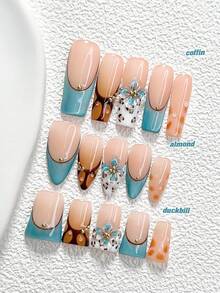 10Pcs Retro Style Handmade Press On Nail,Polygel Nail Set,Golden Steel Ball,Blue,Brown,White And Orange Nail Polish,Minimalist Style,Includes Nail Tools,3 Sizes Available,Duck,Coffin,Almond,Glitter Nails For Party,Dance,Daily Wear. - 彩色 - 查看 1