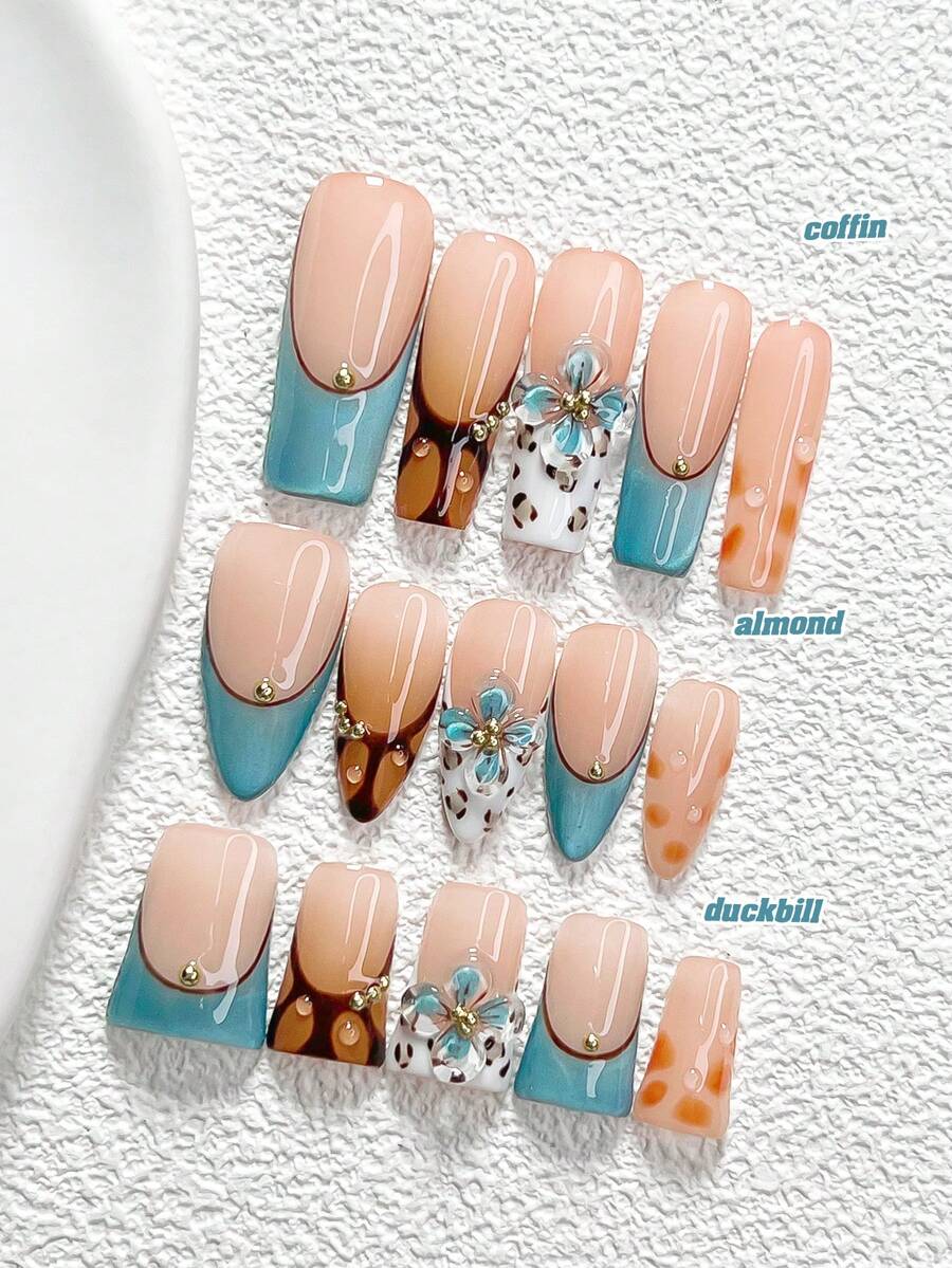 10Pcs Retro Style Handmade Press On Nail,Polygel Nail Set,Golden Steel Ball,Blue,Brown,White And Orange Nail Polish,Minimalist Style,Includes Nail Tools,3 Sizes Available,Duck,Coffin,Almond,Glitter Nails For Party,Dance,Daily Wear. - 彩色 - 查看 1