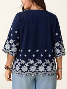 Blusa de verano de talla grande, de unicolor, hueca, bordada, casual, para vacaciones, temporada de bodas, nuevo diseño de playa para mujer - azul real - Ver 2