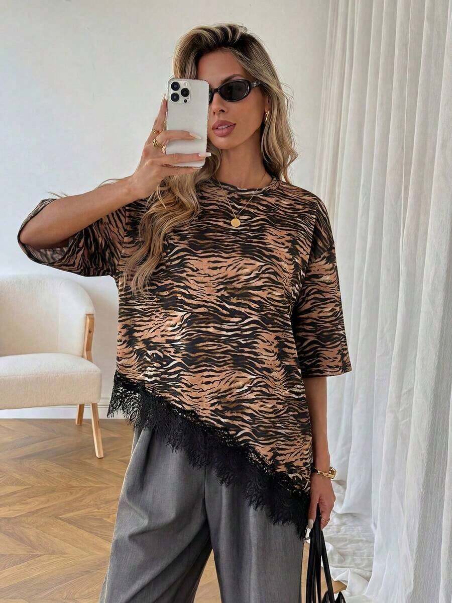 Camiseta casual de mujer con dobladillo asimétrico de encaje de unicolor, uso básico diario, blusa casual de primavera/verano para vacaciones de mujer, vacaciones de verano para mujer, primavera para mujer, vacaciones de primavera, top para ir - Multicolor - Ver 1