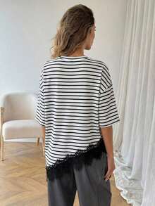 Camiseta casual de mujer con dobladillo asimétrico de encaje de unicolor, uso básico diario, blusa casual de primavera/verano para vacaciones de mujer, vacaciones de verano para mujer, primavera para mujer, vacaciones de primavera, top para ir - Blanco y Negro 3 - Ver 2