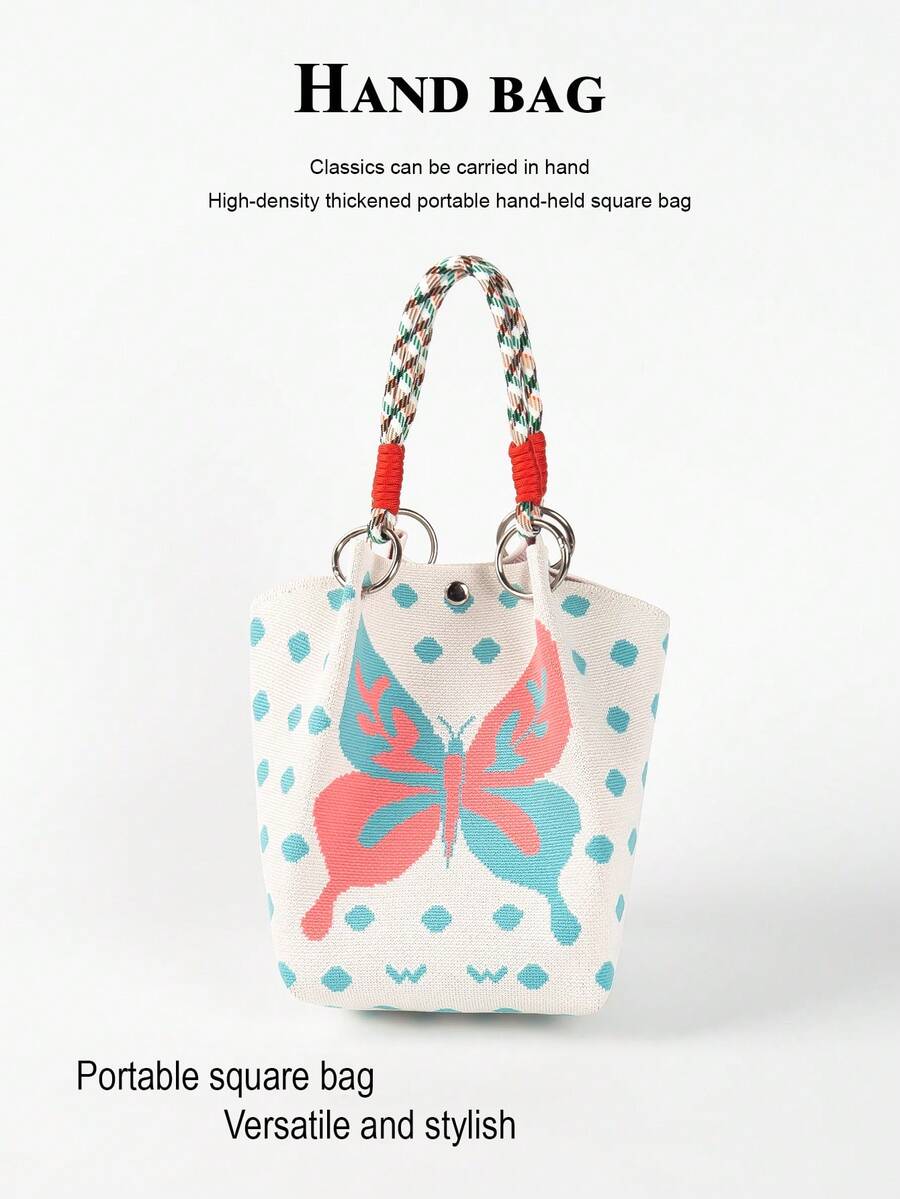 Cute Cartoon Multi-Color Knot Decor Large Capacity Bucket Bag, Handheld Tote, Elegant Multifunctional Travel Handbag, Kawaii - Beige - View 1