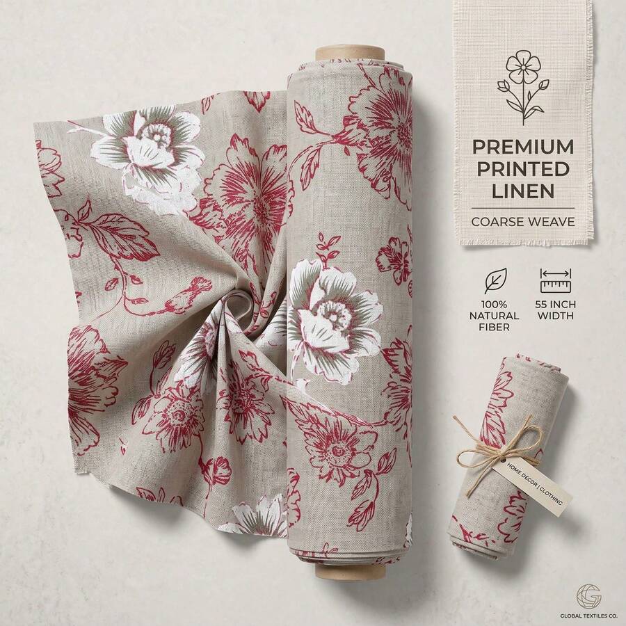 1 pieza Tela de lino con estampado floral rojo elegante pintado a mano, material de costura artístico de lujo, suave y transpirable con estampado floral rojo y blanco de gran tamaño, adecuado para prendas de vestir de alta gama, cortinas, decoración del hogar y proyectos DIY - 1 - Ver 1