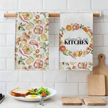 2pcs Watercolor Vegetable & Fruit Illustration, Chili Pepper, Tomato, "Welcome To Our Kitchen" Printed Kitchen Towels, Dish Towels, Hand Towels, Dish Cloths, 15.75*23.62in(40*60cm), Polyester Microfiber Material, Modern Soft Absorbent Cloths, Kitchen Accessories, Machine Washable, Suitable For Dining Room, Kitchen, Bathroom, Home Decor, Gifts, All Seasons - Multicolor - View 6