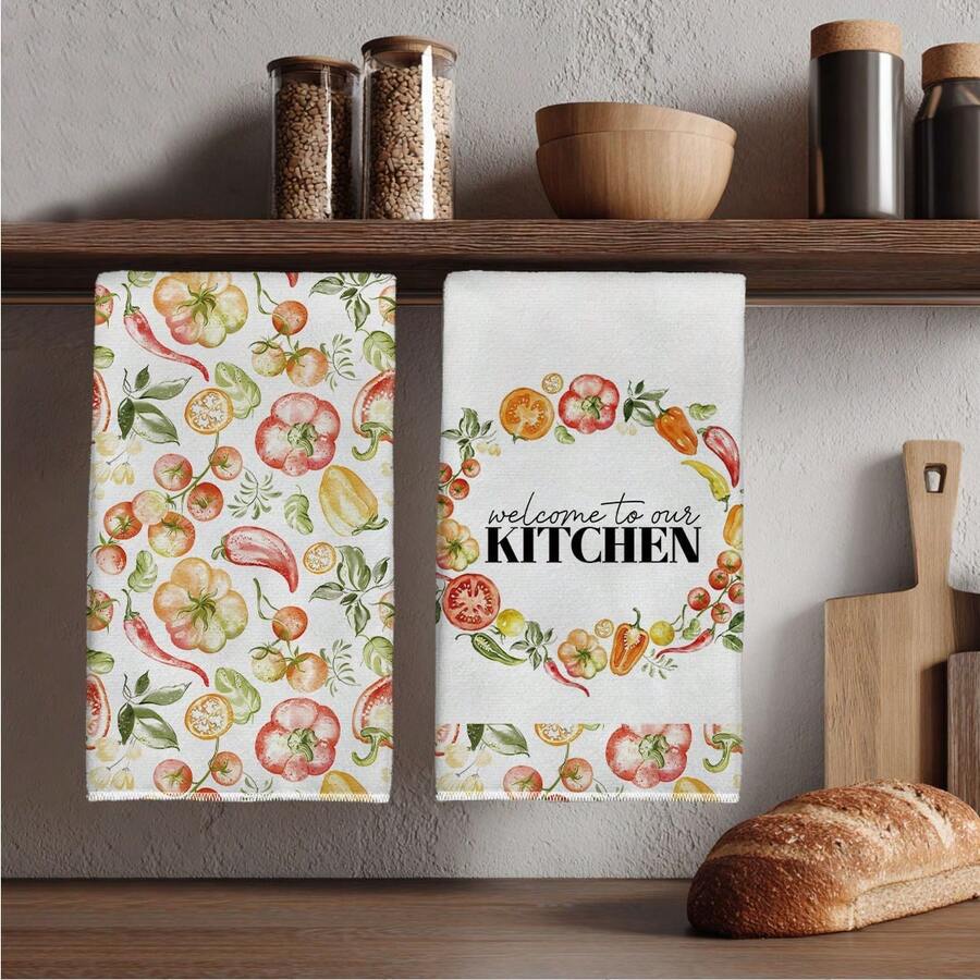 2pcs Watercolor Vegetable & Fruit Illustration, Chili Pepper, Tomato, "Welcome To Our Kitchen" Printed Kitchen Towels, Dish Towels, Hand Towels, Dish Cloths, 15.75*23.62in(40*60cm), Polyester Microfiber Material, Modern Soft Absorbent Cloths, Kitchen Accessories, Machine Washable, Suitable For Dining Room, Kitchen, Bathroom, Home Decor, Gifts, All Seasons - Multicolor - View 1