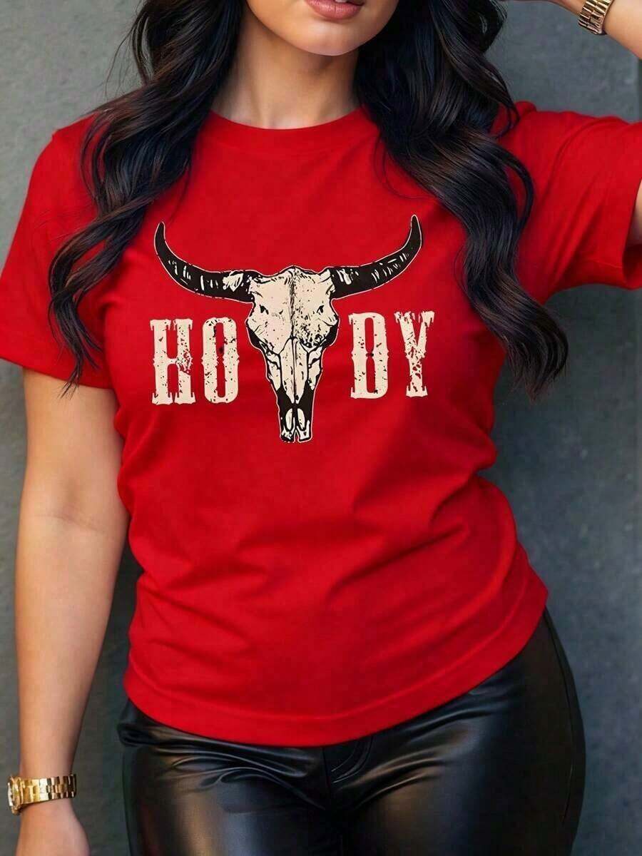 Minimalist Women's Casual T-Shirt With Bull Skull Graphic Print, Original And Modern Design, Ideal For A Relaxed And Comfortable Look, Perfect To Pair With Jeans Or Skirts, Soft And Breathable Fabric. 100% Cotton Women's T-Shirt, Simple Solid Color, Loose And Fitted Cut, Casual Short Sleeves. - 紅色的 - 查看 1