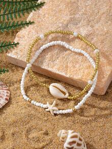 Set de 2 piezas Tobillera de estilo playero de verano con cuentas, estrella de mar y concha para mujeres - Amarillo Oro - Ver 3
