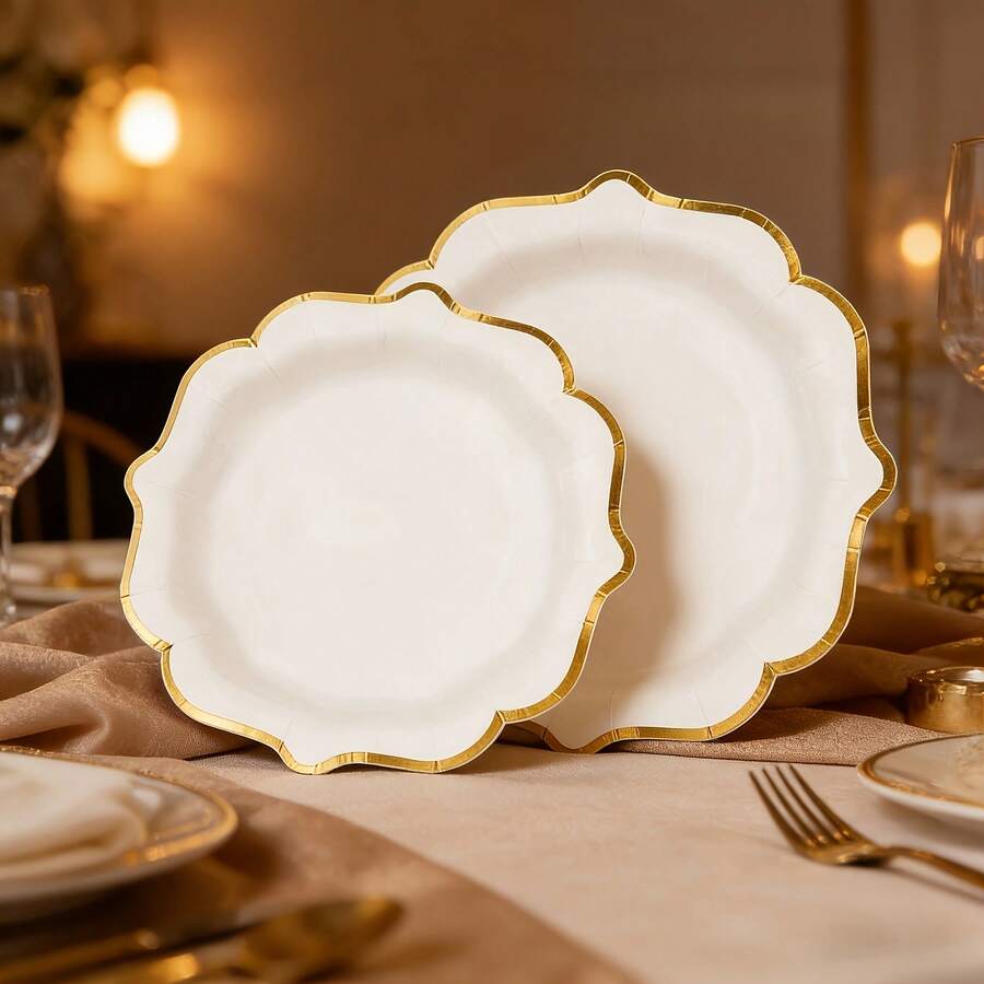 10/20/50Pcs 7/9-Inch White & Gold Foil Party Plates, Perfect For Graduation Supplies, Party Decorations, Birthday Parties, Weddings, Picnics And Baptisms - Gilded Fan Shape - View 1