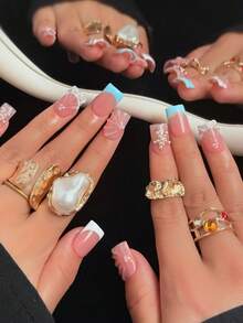 10pcs/Set Spring/Summer Handmade Pressed Rectangular Nail Tips, Y2K Style, French Manicure, Blue To Green Gradient With Black Water Ripple Lines Design, Premium Acrylic Fake Nails Suitable For Women's Daily Wear And Holiday Occasions - Multicolor - View 4