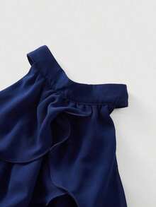 Top corto elegante de múltiples capas con volantes en azul marino, top para Año Nuevo, top de fiesta, top minimalista casual de mujer con botones frontales y tirantes anchos para uso diario, look vintage para el Día de San Valentín - Azul marino - Ver 4