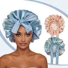 CONFLASS Cherry Patterned Round Bonnet With Bow And Long Ribbon Layers, Silk Tie Sleep Cap, Satin Lined, Suitable For Women's Curly Hair, Braids And Natural Hairstyles - Multicolor - View 3