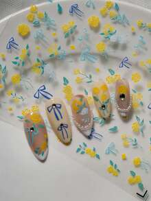 3D Embossed Nail Art Stickers With Gentle Fresh Style, Featuring Yellow Rose And Blue Bow Decor, Healing Atmosphere, Suitable For Commuting, Soft Chic Outfits, Gentle Manicure, Dating Occasions, Ideal For Gentle Enthusiasts, Students, Moms, Nail Art DIY Beginners, And Soft Girl - Multicolor - View 8