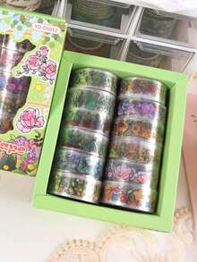 12 Rolls/Box Floral And Plant Pattern Transparent Tape Set, Creative Gold-Foil Pattern Fashion Masking Tape, Used For Envelope Cards And Gift Box Packaging Decoration, Scrapbook Decoration - Multicolor - View 10