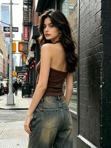 Women Halter Neck Tank Tops Sleeveless Solid Color Slim Fit Ribbed Summer Vest For Daily Vacation Beach - Coffee Brown - View 3