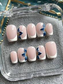 10 miếng dán móng tay vuông thủ công, màu hồng nude, đầu móng kiểu Pháp màu trắng, họa tiết hoa 3D màu xanh dương, móng giả acrylic tối giản dễ thương, phù hợp cho các bạn gái và phụ nữ sử dụng hàng ngày, đi nghỉ mát và đi học, bao gồm gel và dũa móng. - Nhiều màu - Xem 1