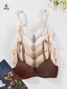 5pcs/Set Minimalist Underwire Bra, Comfortable Breathable Seamless Lingerie, Basic Style, Multiple Colors Available, Suitable For Daily Wear, Home And Office - Multicolor - View 4