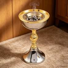 1pc High-Leg Metal Incense Burner / Mabkhara / Bakhoor Burner, Made Of High-Gloss Electroplated Metal Material In Bright Gold And Silver Dual Colors, Fade-Resistant - Roman Column Incense Burner - View 9